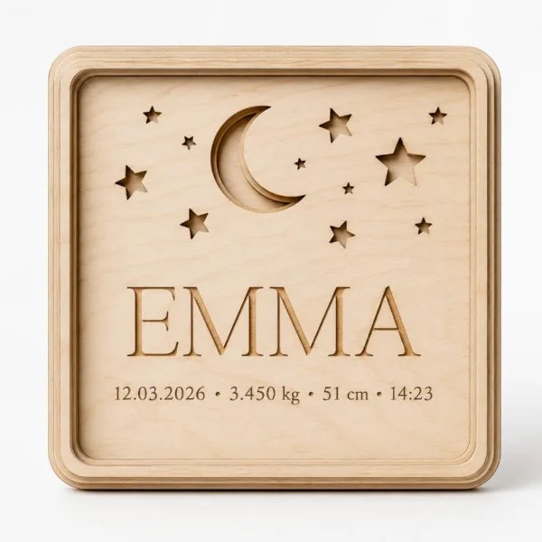 Tablou de naștere din lemn cu numele Emma, lună și stele decupate, data, greutatea, lungimea și ora