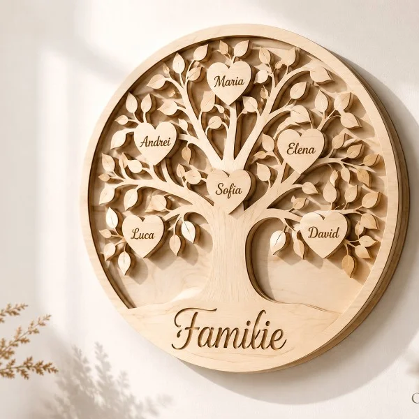 Copacul familiei din lemn de mesteacăn cu numele gravate — cadou personalizat CarveMill
