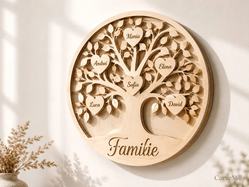 Copacul familiei în 8 straturi de mesteacăn, cu numele părinților și ale copiilor