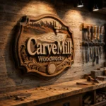 Logo CarveMill Woodworks din lemn în relief, montat pe peretele unui atelier