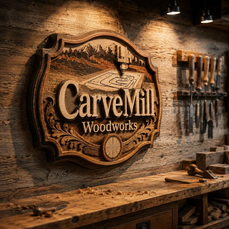 Logo CarveMill Woodworks din lemn în relief, montat pe peretele unui atelier