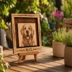 Tablou din lemn cu portretul câinelui Max, pe o masă de grădină