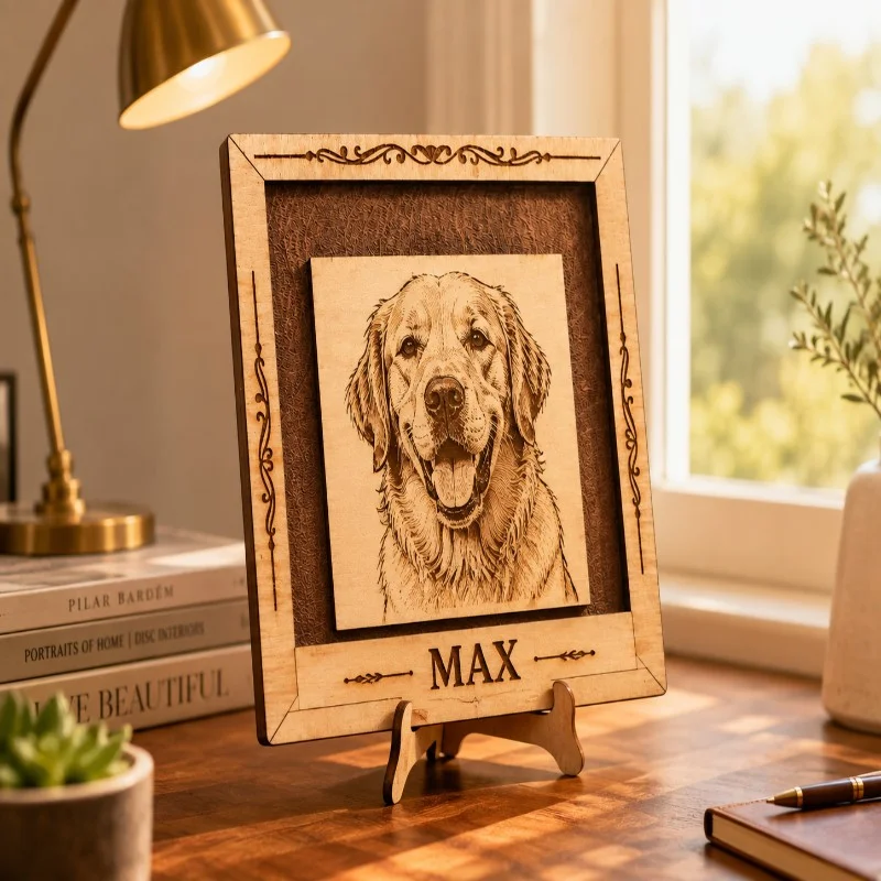 Portret gravat al unui câine golden retriever cu numele Max, în ramă din lemn, pe birou