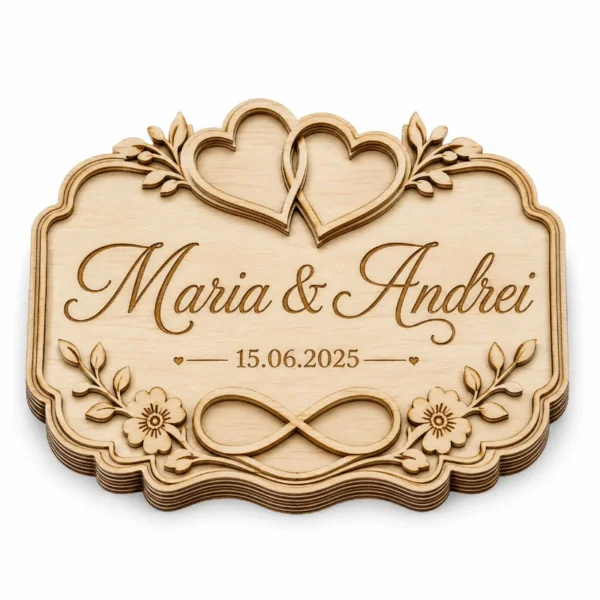 Tablou de nuntă din lemn cu numele Maria & Andrei, data nunții și două inimi, vedere frontală