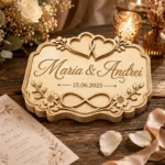 Tablou de nuntă din lemn pe o masă cu invitație, lumânări și petale