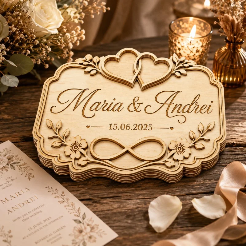 Tablou de nuntă din lemn pe o masă cu invitație, lumânări și petale
