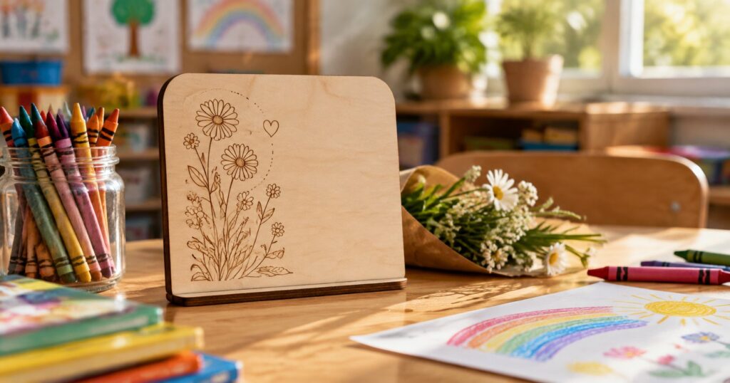 Cadou pentru educatoare: plăcuță mică din lemn gravată cu motiv floral, alături de creioane colorate, pe o masă luminată natural