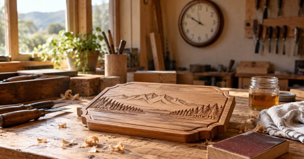 Ceas de atelier deasupra bancului de lucru pe care se finalizează o comandă personalizată din lemn