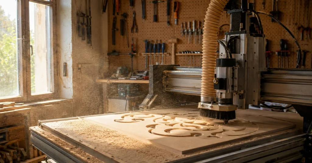 Router CNC tăind un model decorativ dintr-o placă de placaj de mesteacăn, într-un atelier de tâmplărie
