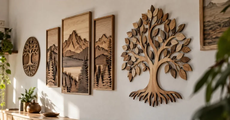 Decorațiuni de perete din lemn: panouri tăiate CNC și o piesă tip copac al familiei