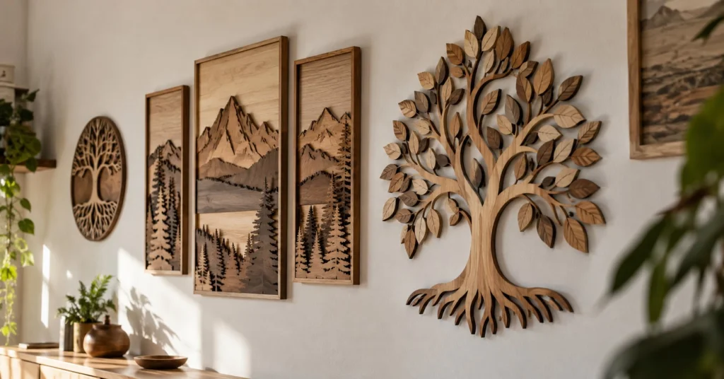 Decorațiuni de perete din lemn: panouri tăiate CNC și o piesă tip copac al familiei