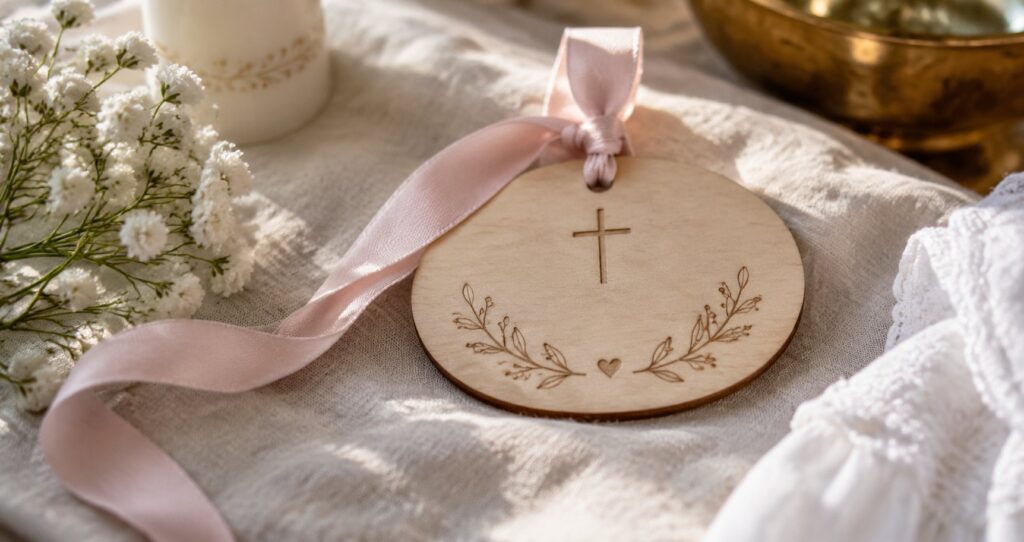 Plachetă din placaj de mesteacăn cu motiv de cruce și panglică pastel, pe o pânză de in